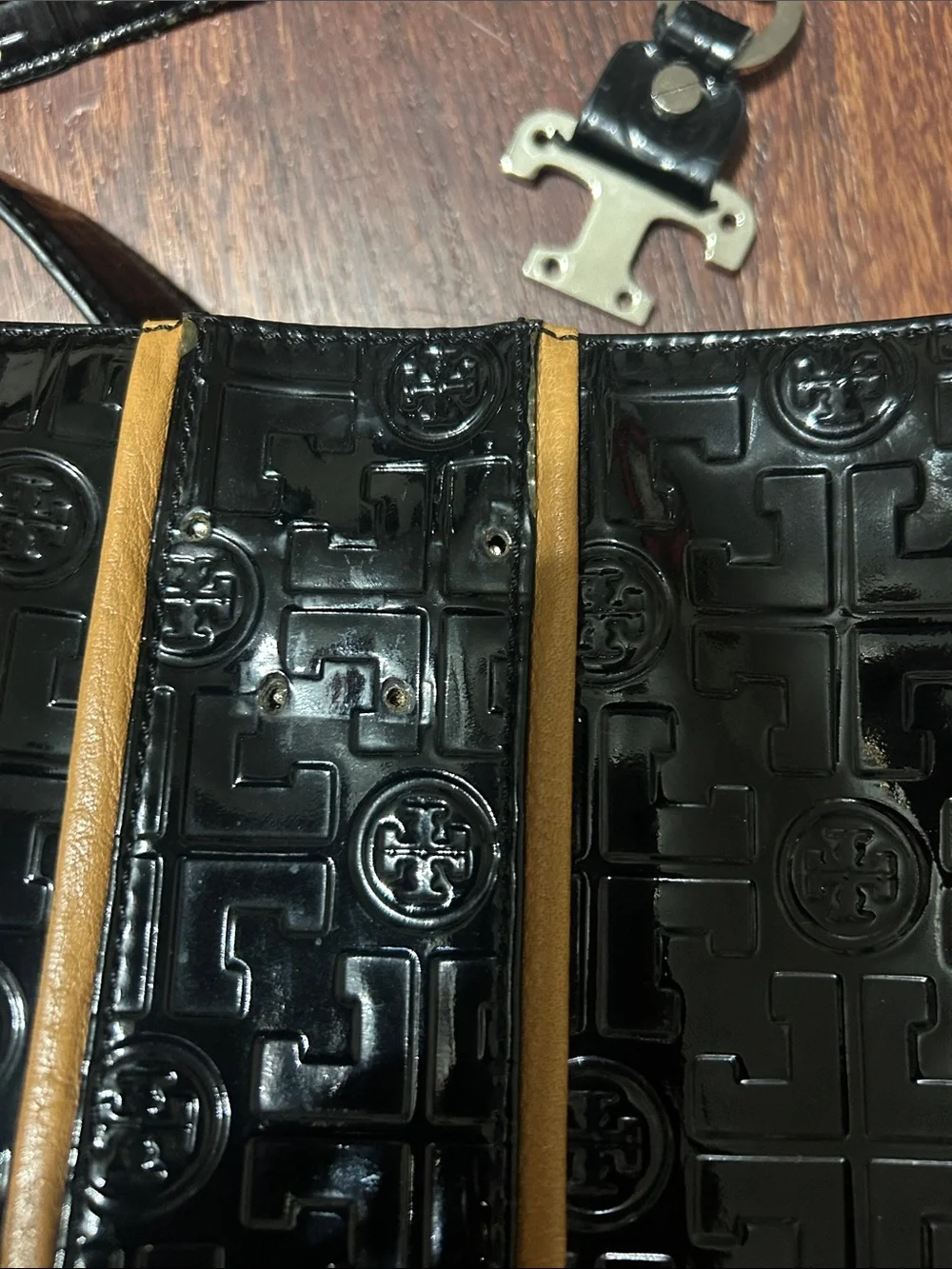 Tory Burch Black Patent Leather Tote with Tan Trim and Logo Embossing